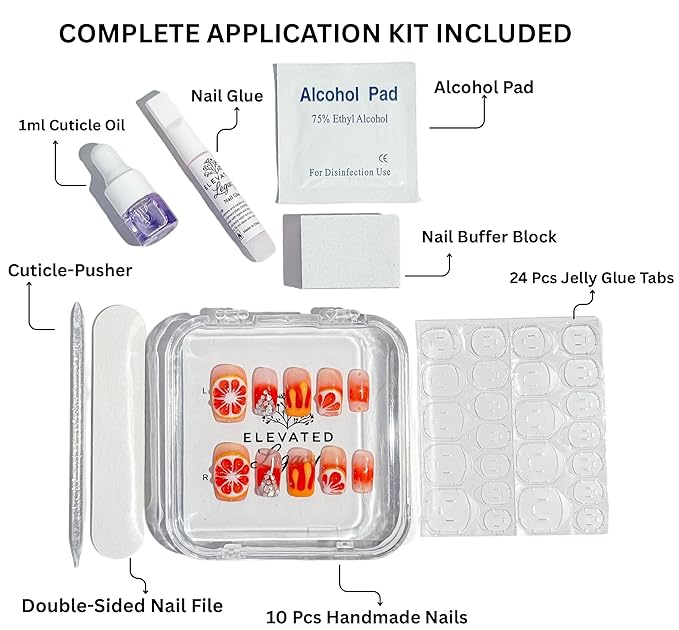 Medium-Citrus Splash French Tip Press-On 10 Nails Manicure Kit for Women | Custom Handcrafted Nail Glue, Dual Nail File, Cuticle Stick & Buffer Block | Measure Before Ordering
