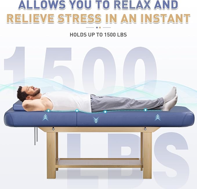 28in Wide Massage Table with 1500lbs Weight Capacity, Wooden Base, Massage Bed Adjustable Backrest for Professional & Home Use, Spa Treatment Table for Relaxation and Therapy，Blue