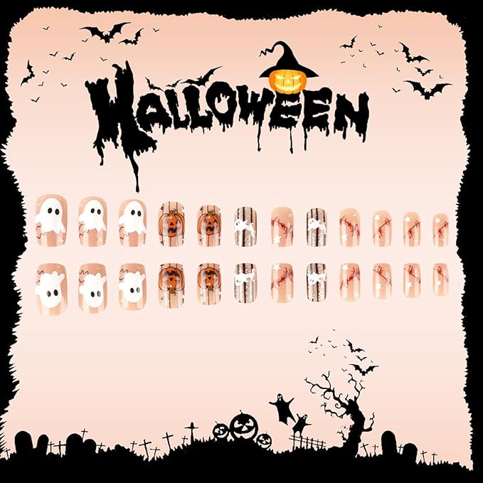 Halloween Press on Nails Medium Square Pumpkin Fake Nails Glitter False Nail with Cute Ghost Designs Glossy Glue on Nails Blood Scar Star Acrylic Nail Holiday Manicure for Women 24Pcs