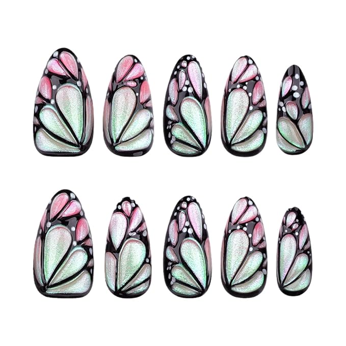 Handmade 3D Butterfly Wings Colour Press On Nails Medium Almond, Hologram Chameleon Designer Reusable Acrylic Fake Nails With Glue On Nails, Nails Press Ons Daily Wear Nails For Women