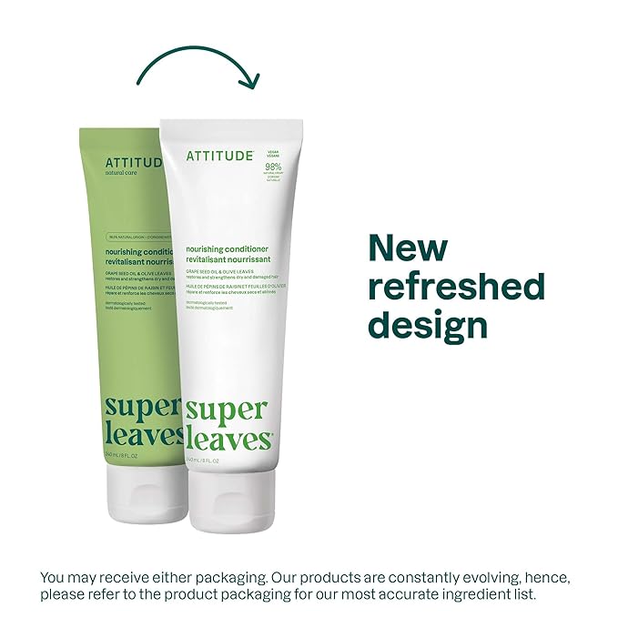 ATTITUDE Nourishing Hair Conditioner, For Dry and Damaged Hair, Naturally Derived Ingredients, Vegan Detangler, Dermatologically Tested, Grapeseed Oil and Olive Leaves, 8 Fl Oz