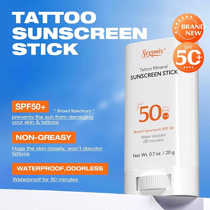 Sexymix Tattoo Sunscreen Stick, SPF 50 Waterproof Sunscreen Stick Broad Spectrum UVA/UVB Protection 0.7 oz with Zinc Oxide, Tattoo Aftercare Sunscreen for Tattoos Non-Dirty Hands Available (2 Packs)