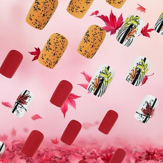 Maple Leaf Press on Nails 24Pcs Fall Leaves Stick on Fingernails Matte Yellow Acrylic Fake Nail Thanksgiving Medium Square False Nails Autumn Gel Glue on Nail for Coquette Women Girls