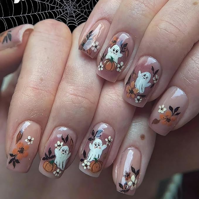 Halloween Ghost Press on Nails Medium Square Fake Nail Cute Ghost Flower Pumpkin Design Glue on Nails Autumn Flowers False Nail Glossy Full Cover Stick on Nails for Women Manicure Supplies 24Pcs