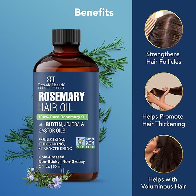Botanic Hearth 100% Pure Rosemary Oil For Hair Growth | Infused with Biotin, Jojoba & Castor Oil | Hair Oil Repairs Dry Damaged Hair, Strengthening, Healthier - Hair Tonic, 2fl oz