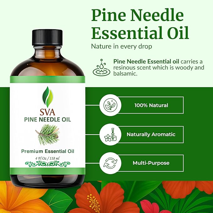 SVA Pine Needle Essential Oil – 4 Fl Oz – 100% Natural Pine Needle Oil - for Diffuser, Hair Care, Face, Skin Care, Aromatherapy, Scalp and Body Massage, Soap and Candle Making – with Dropper