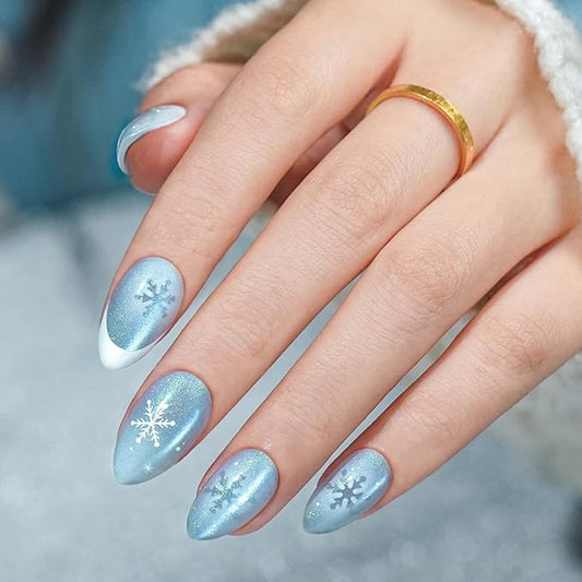Christmas Press On Nails Almond - Jofay Fashion Blue Aurora Cat Eye Snowflake Press On Nails, Acrylic Fake Nails with Glue, Reusable Soft Gel Glue On Nails for Women 32Pcs in 16 Sizes