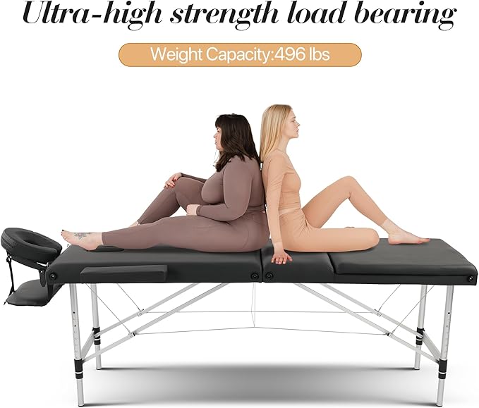 Massage Table Massage Bed, Portable 3 Section Foldable Tattoo Bed, Height Adjustable Lash Spa Bed with Face Cradle, Home Light Weight Facial Salon Bed with Aluminum Frame, Black