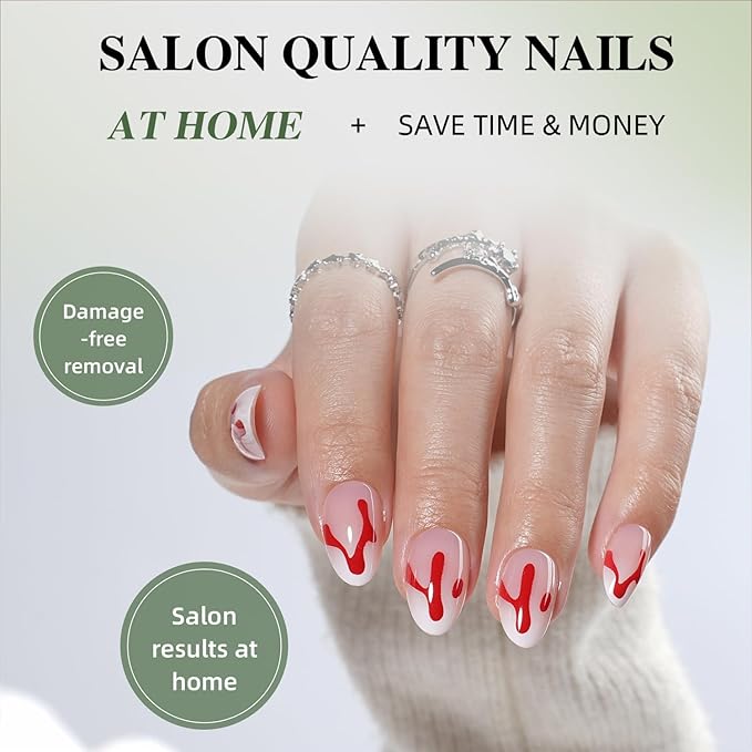 Press On Nails Short Almond Horror Fake Nails with Horror Design, Glue On Nails Reusable Stick On Nails in 16 Sizes, 32pcs False Nail Kit for Women & Girls