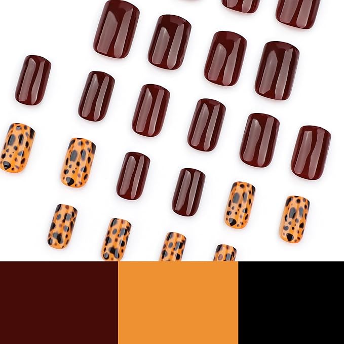 Short Fake Nails Square Press on Nails Brown False Nails with Leopard Print Design Full Cover Acrylic Nails Artificial Stick on Nails Glue on Nails for Women Holiday Nails 24Pcs