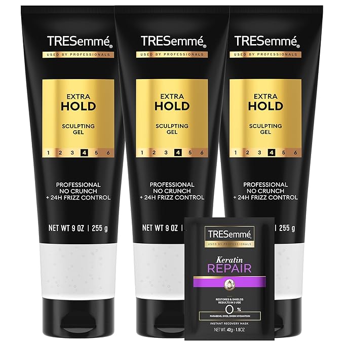 TRESemmé Hair Gel, Sculpting, Extra Hold, 3-Pack + Keratin Repair Instant Recovery Mask – Frizz Control, Professional Quality Styling Products, Alcohol-Free