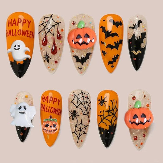 24Pcs Cute Halloween Press on Nails Medium Almond Pumpkin Fake Nails Black Spider Web with Ghost Designs Orange Nails Full Cover Glue on Nail Goth False Nails for Women Holiday Manicure Salons DIY