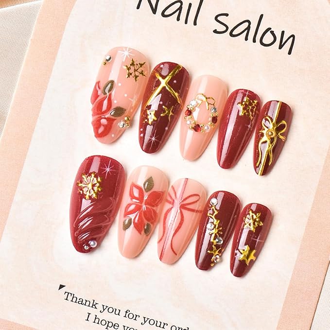 30Pcs Red Christmas Press on Nails Medium Almond Christmas Fake Nails 3D Gold Rhinestones Snowflake Designs Bow Flower Xmas Acrylic Stick on Nails Winter Full Cover Artificial Glue on Nail for Women