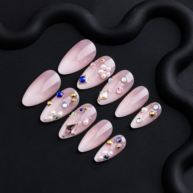 Long Almond Shape Press on Nails | Nude Pink Fake Nails with Pearls & Colorful Gems | Stick on Nail for Women 24pcs