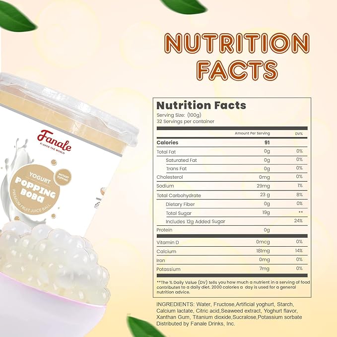 Fanale Yogurt Popping Boba Pearls, Vegan, Non GMO, Gluten Free, Fat Free, Perfect for Bubble Tea, Smoothies, Ice Cream, Desserts, and Beverages.