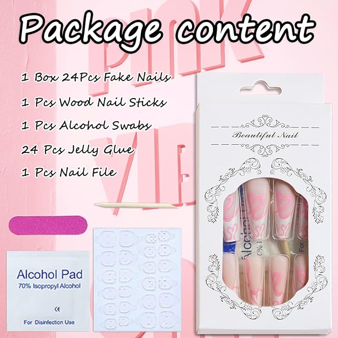 Long Press on Square French Tip Fake Nails - Glossy Glue-On Full Cover Nude Pink Acrylic False Tips With Heart Design - Coffin Stick-On Manicure Supplies for Women Girls - 24Pcs