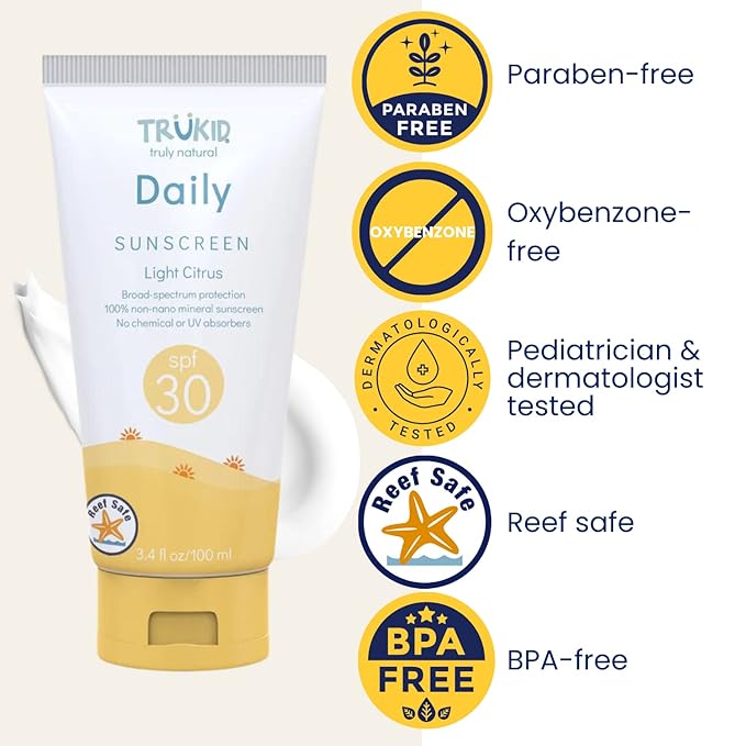 TruKid Daily SPF30 Face Sunscreen Citrus 3.4oz Baby Sunscreen, Natural Ingredients Kids Sunscreen, Reef-Friendly Travel Size Sun Screen, Beach Defense Sunscreen for Kids, Toddlers, Babies & Adults