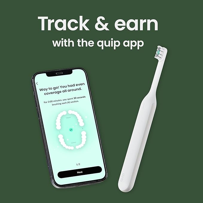Quip Ultra Next Generation Smart Toothbrush - Timed Electric Toothbrush with Case - Replaceable Brush Head, Soft Bristles, Silicone Handle, 30-Day Battery Life - Travel Toothbrush - Stone