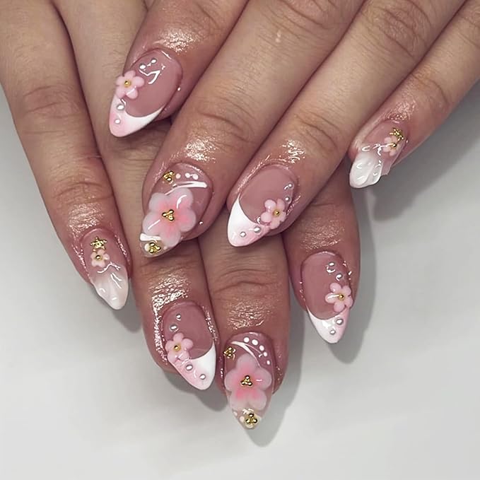 3D Flower Press on Nails 24Pcs White French Acrylic Full Cover Fake Nails Peach Blossom Gel Glue on Fingernails Glossy Pink Gradient Medium Almond False Nail Pearl Stick on Nail for Holiday Manicure
