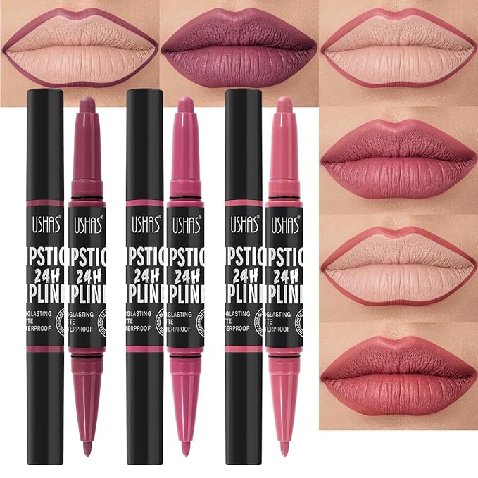 USHAS 3Pcs Lipstick and Lip Liner Combo Set 2 in 1 Makeup Kits Long Lasting and Waterproof Nude Matte Lipstick For Women (Set 1 (01+02+03), 3Pcs)