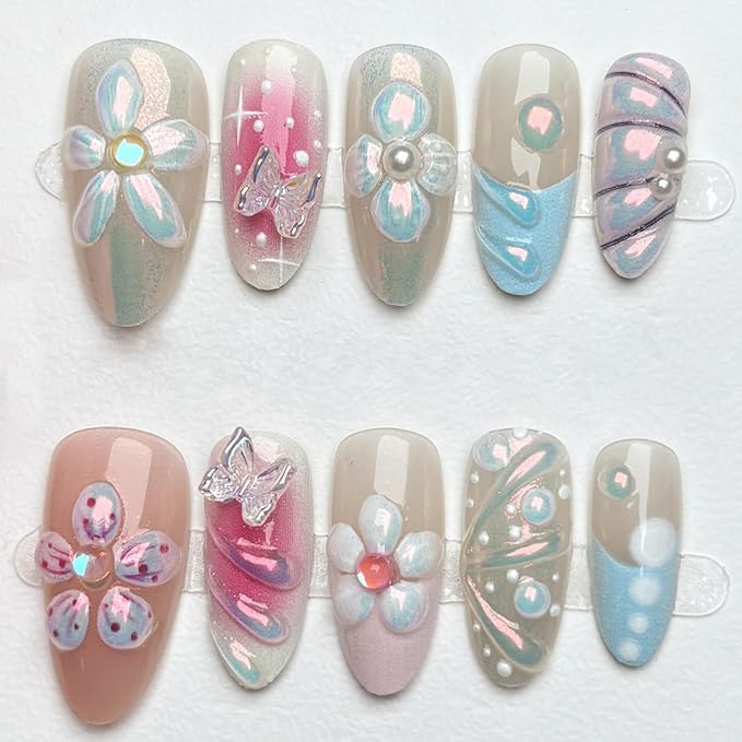 30Pcs Flower Press on Nails Medium Almond Handmade Fake Nails with Crystal 3D Butterfly Flowers Pearl Design French Nails Cute Stick on Nails Full Cover Artificial Glue on Nails for Women