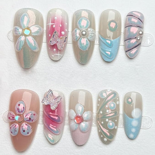 30Pcs Flower Press on Nails Medium Almond Handmade Fake Nails with Crystal 3D Butterfly Flowers Pearl Design French Nails Cute Stick on Nails Full Cover Artificial Glue on Nails for Women