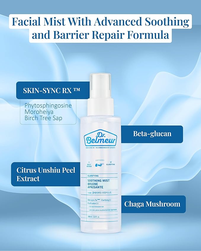 Dr. Belmeur Clarifying Soothing Mist (3.4fl oz) - Gentle, Hypoallergenic for Hydration, Soothing. Korean Skin Care. Beta-Glucan, Chaga Mushroom.