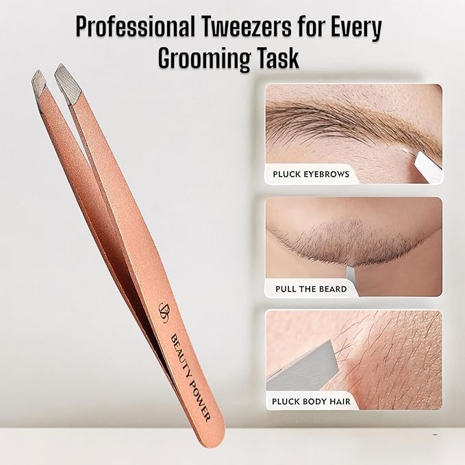 Slant Tip Precision Tweezers - Stainless Steel Eyebrow Tweezers for Women & Men - Precision Tweezers for Facial Hair, Ingrown Hair & Brow Shaping - Professional Beauty Tool (Rose Gold)