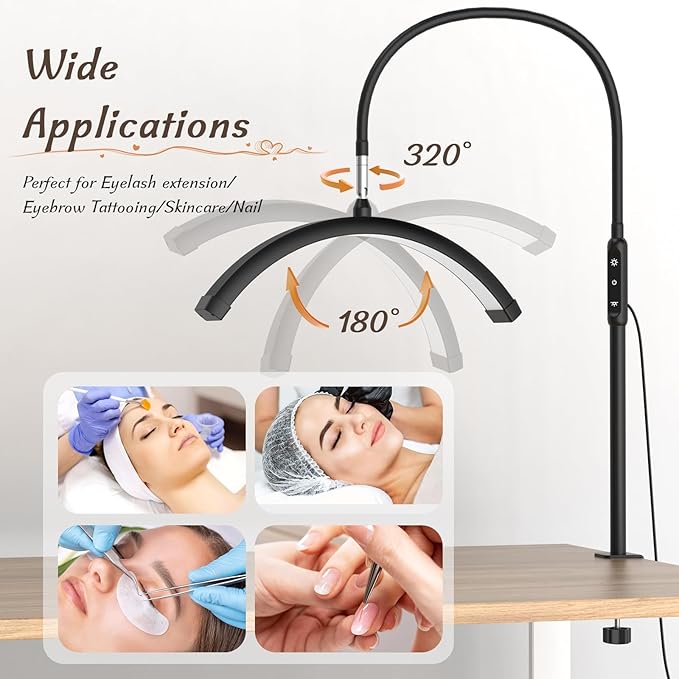 Half Moon Light with Clamp, LED Manicure Table Lamp, Desk Lamp for Nail Desk, Eyelash Extensions, Skincare and Tattoo, 5 Brightness Levels and 5 Color Modes, Remote Control (Black)