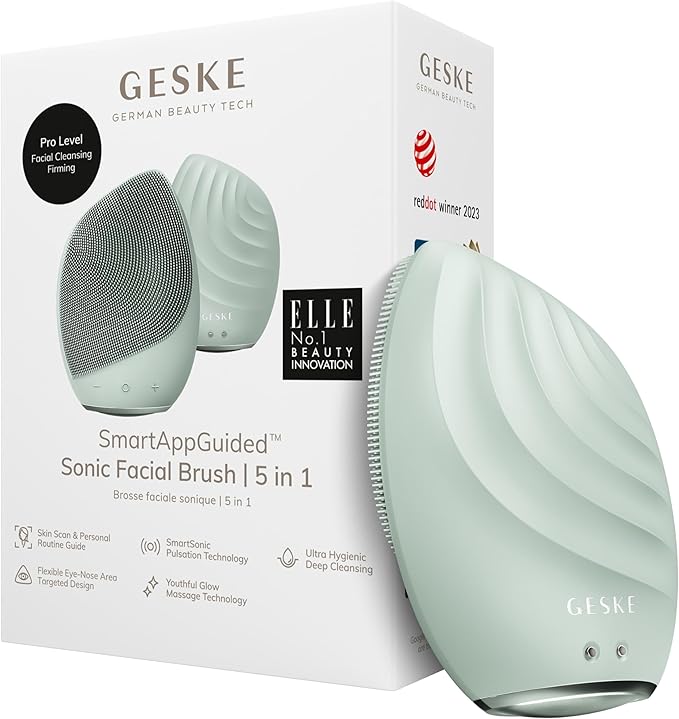 GESKE SmartAppGuided™ Sonic Facial Brush 5 in 1 | Vibrating Electric Facial Cleansing Brush | Soft Silicone Brush | Professional Facial Cleanser | Skin Cleanser & Exfoliator | Face Massager