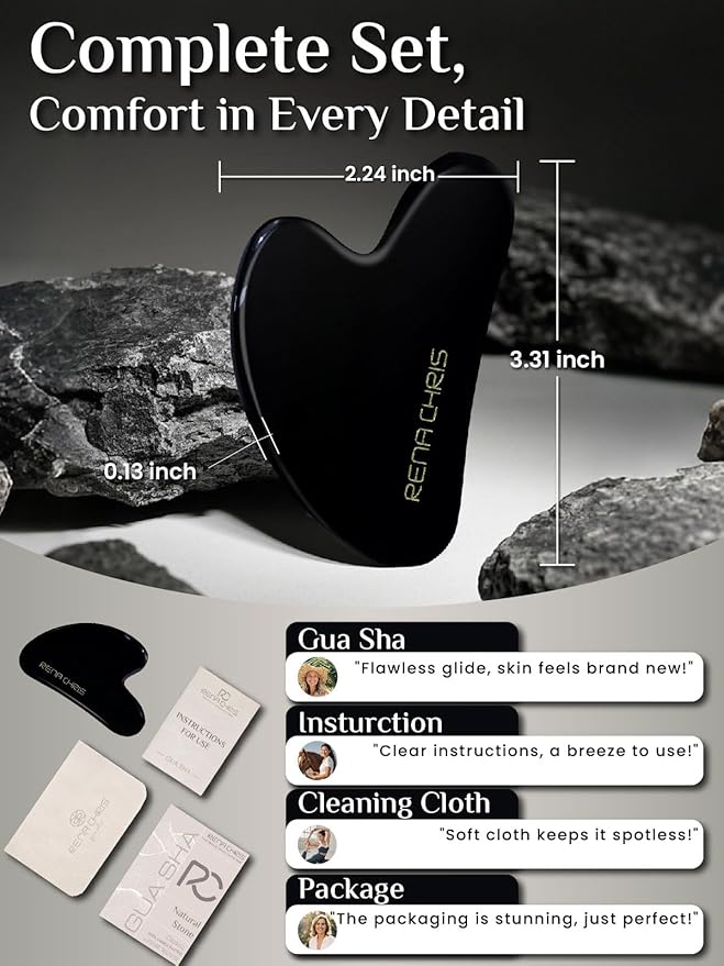 Rena Chris Gua Sha Facial Tools: Natural Obsidian Guasha Tool for Face Acupuncture Therapy, Facial Massager for Jawline Sculpting and Puffiness Reducing (Black)