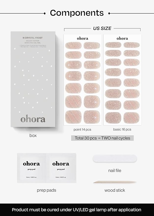 ohora Semi Cured Gel Nail Strips (N Crystal Frost) - Works with Any Lamps, Salon-Quality, Long Lasting, Easy to Apply & Remove - Includes 2 Prep Pads, Nail File & Wooden Stick
