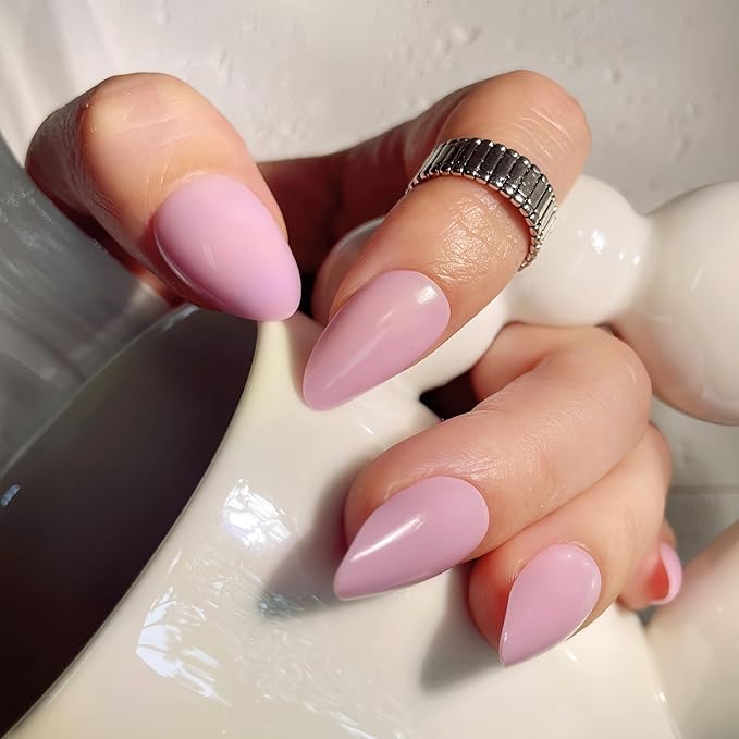 30PCS Short Almond Press on Nails – Pink Purple Fake Nails with 15 Sizes, Soft Back Edge & Durable Tip, No Measuring Needed, Reusable Stick-On Nail Tips for Women