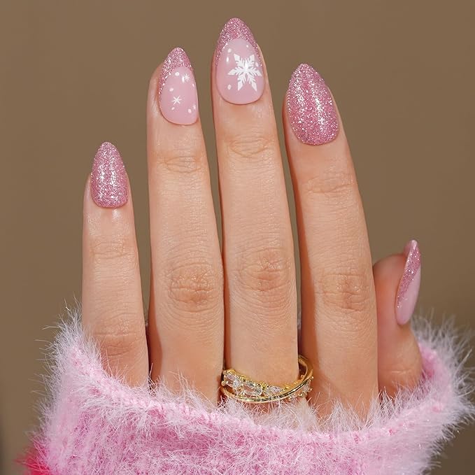 Christmas Press On Nails Almond - Jofay Fashion Pink Snowflake Glitter Press On Nails, Glossy Acrylic Fake Nails with Glue for Women, Reusable Winter Glue On Nails in 16 Sizes, 32 Pcs