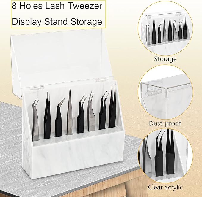 8 Holes Dust-proof Eyelash Tweezers Holder Case Acrylic Marble Tweezer Stand Display Organizer with Cover for Lash Extensions (white)