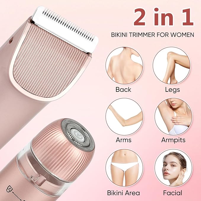 2 in 1 Women Electric Shaver Dual Head Bikini Trimmer for Women IPX7 Waterproof Wet & Dry Use Body Hair Trimmer and Facial Hair Remover for Bikini Underarm Leg Arm Body Face