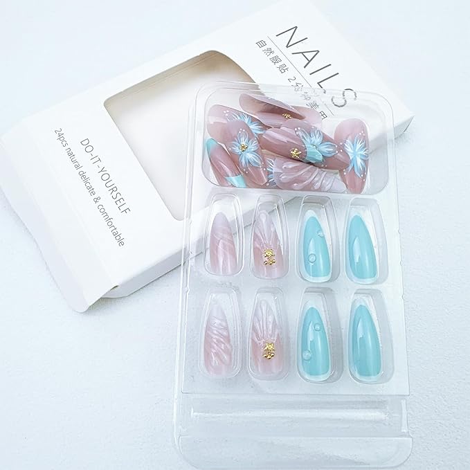 24pcs Summer Press on Nails Medium Almond Fake Nails with 3D Blue Flower Designs Gold Starfish Bead Glue on Nails French Tip False Nails Summer Beach Acrylic Nails Full Cover Stick on Nails for Women