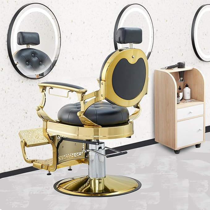 Antlu Barber Chair Salon Chair Hair Stylist, Vintage Heavy Duty 700lbs Hair Styling Chairs for Barbershop Beauty Tattoo Massage (Golden)