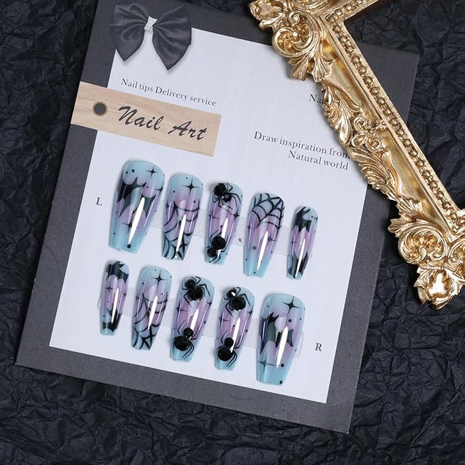 30Pcs Goth Press on Nails Medium Coffin Fake Nails Blue Laser Chrome with Black Spider Bat Glitter Designs Full Cover Y2k Glue on Nails Halloween False Nails Stick on Nail for Women Acrylic DIY