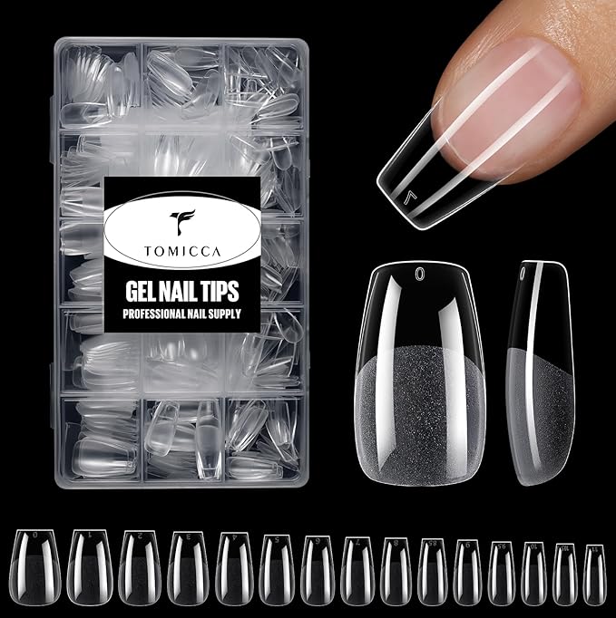 TOMICCA Medium Coffin Nail Tips Acrylic Nails 240Pcs Acrylic Nail Kit 15 Sizes Clear Nails Pre-shaped Gel Nail Tips for Nail Extensions Home DIY Salon