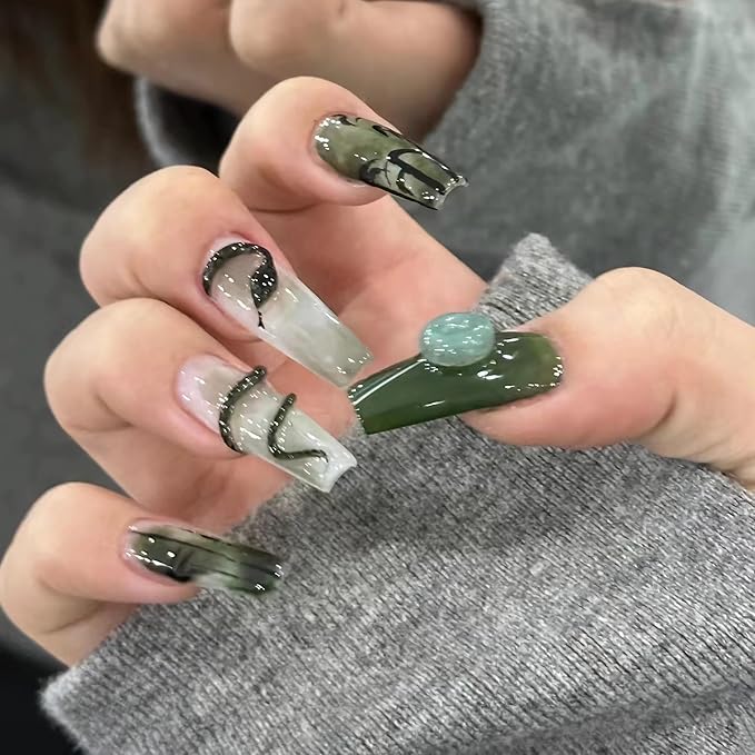 BABALAL Long Coffin Press on False Nails Dark Green Fake Nails Bamboo Glue ons Nail 3d Snake Goth Design Acrylic Nails 24Pcs Ballerina Suppplies Art