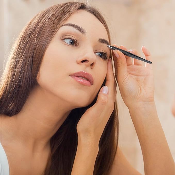 2-Pack Tweezers for Eyebrows, Facial Hair, Ingrown Hair Removal, Slant and Point Tip Tweezer Set for Women and Men, Professional Stainless Steel Precision Eyebrow Plucking Grooming with Case - Black