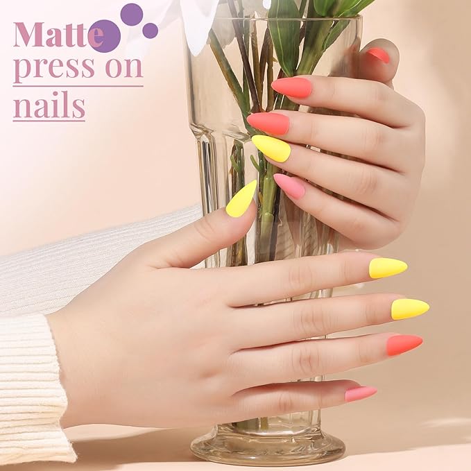 Teenitor Press on Nails Almond, 24Pack 576Pcs Short Almond Press on Nails, Matte Glossy French Tip Press on Nails, Glitter Fake Nails