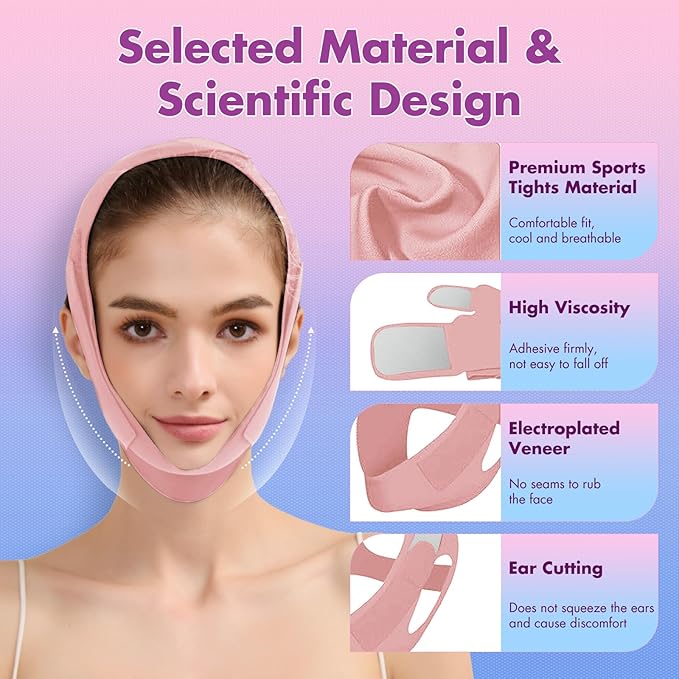 2 Pack Face Slimming Strap, Double Chin Reducer Band, Graphene V-Line Mask Chin Up Mask V Shaped Face Mask Chin strap for sleeping, V-Line Lifting Mask for Women, Medium, Black and Pink