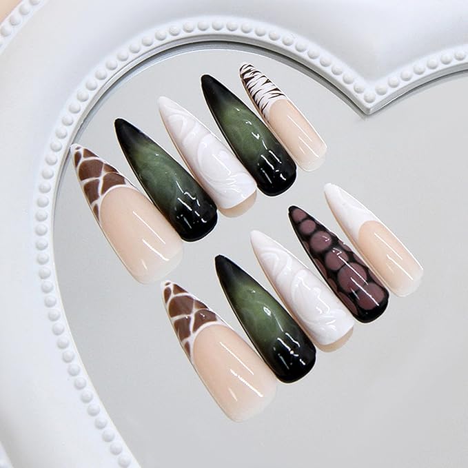 3D Press on Nails Animal Print French Tips Fake Nails Zebra Crocodile Tortoiseshell Patterns False Nails Long Stiletto Full Cover Artificial Glue on Nails Star Stick on Nail for Women 24Pcs