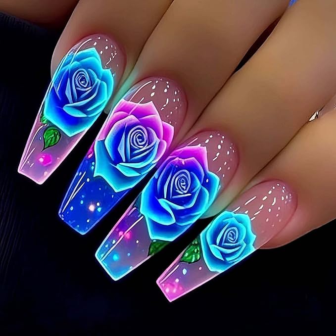Long Press on Nails Coffin Shape Blue Acrylic Nails with Flower Design Fake Nails Hot Girl Glue on Nails for Prom and Party Gift for Women 24pcs