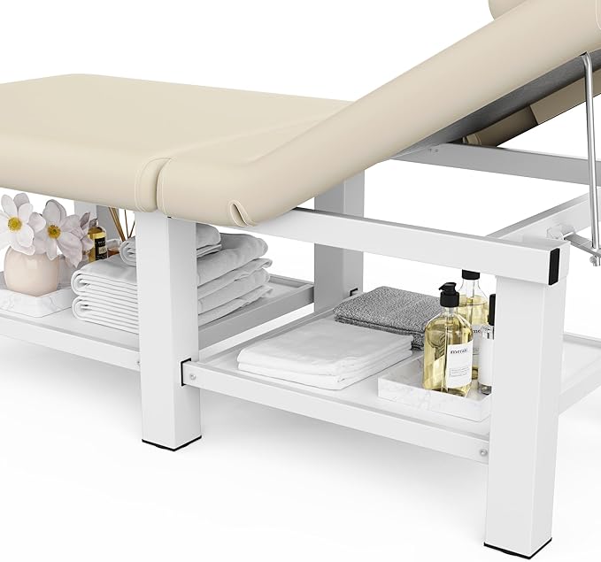 Folding Stationary Massage Table with Backrest and Storage Space, 6 Square Legs Metal Frame PU Leather, 30.5'' Wide × 75'' Long for Treatment Table Physical Therapy Table Spa Facial Bed, Beige Gray