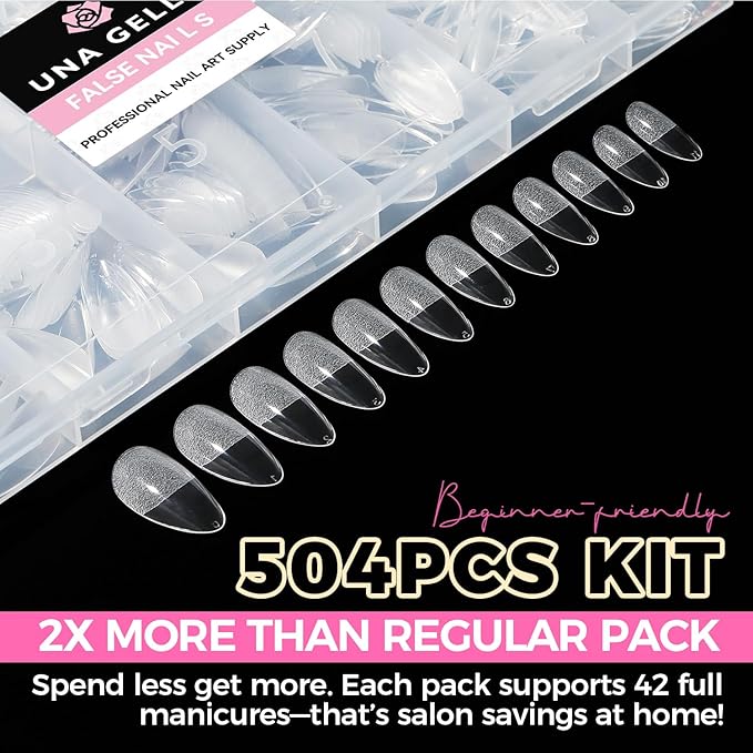 UNA GELLA Almond Gel Nail Tips, 504PCS Pre Etched Clear Fake Nails Tips Medium Almond Shape - 12 Sizes Full Cover Soft Acrylic Press On Nail Extensions No C Curve Gift for Diy at Home
