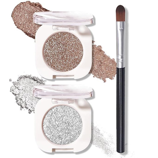 Glitter Champagne Pearl and Metallic Silver Single Eyeshadow,Ultra Fine Shimmer Eyeshadow Lightweight Sparkling Blendable Formula,Daily Multiuse Glossy Eyes Makeup (10 Cowboy + 12 Cold Brew)