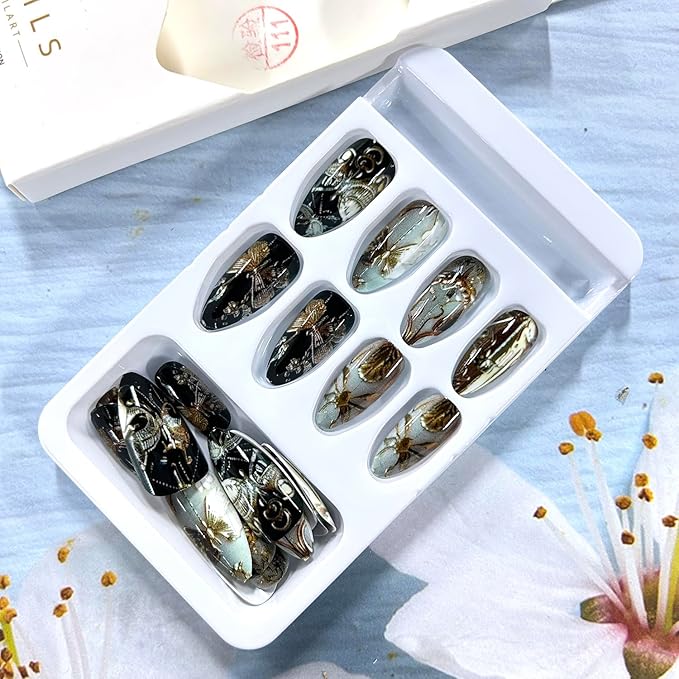 Press on Nails Almond Medium Gold Metal Butterfly Pattern Design Full Cover Glossy Artificial Fingernails Almond Shaped Acrylic Fake Nail 24Pcs Reusable Glue on Nails for Women